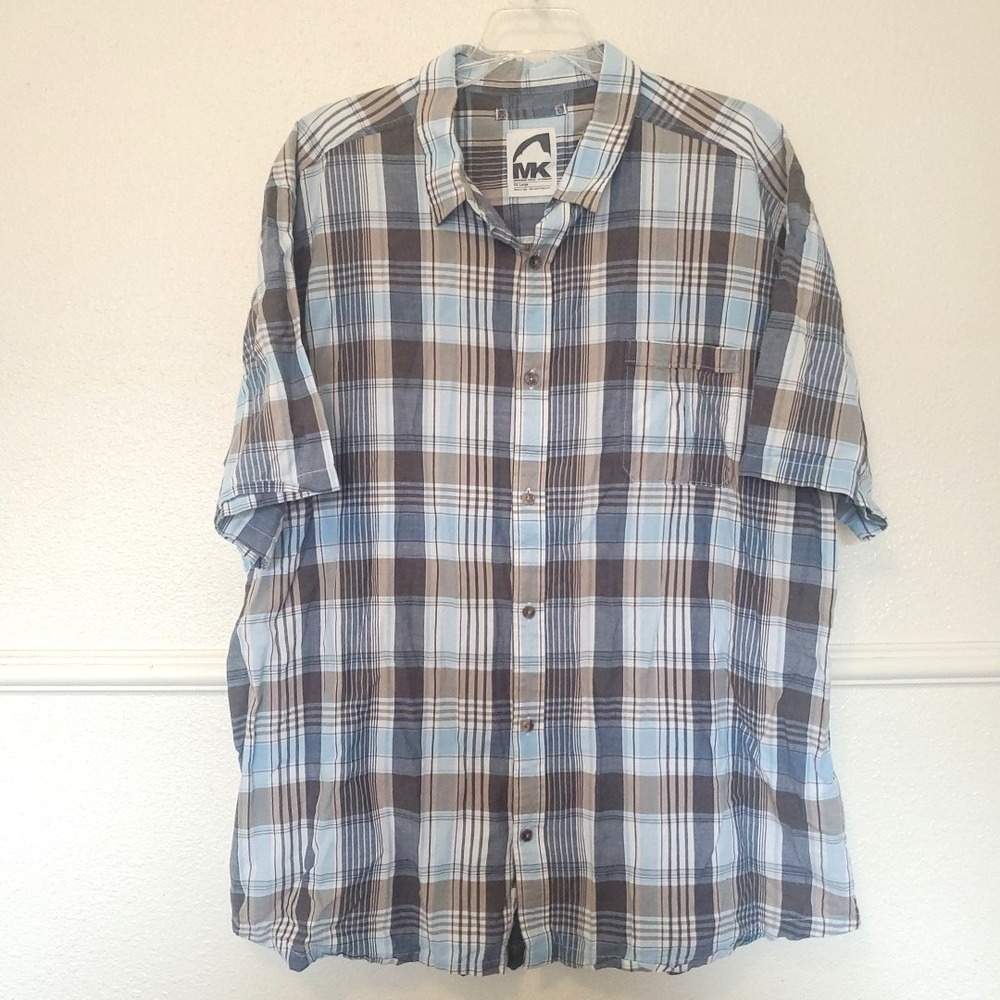 Mountain Khakis Button Shirt Tomahawk Short Sleeve Mens Sz XXL Blue Plaid Pocket